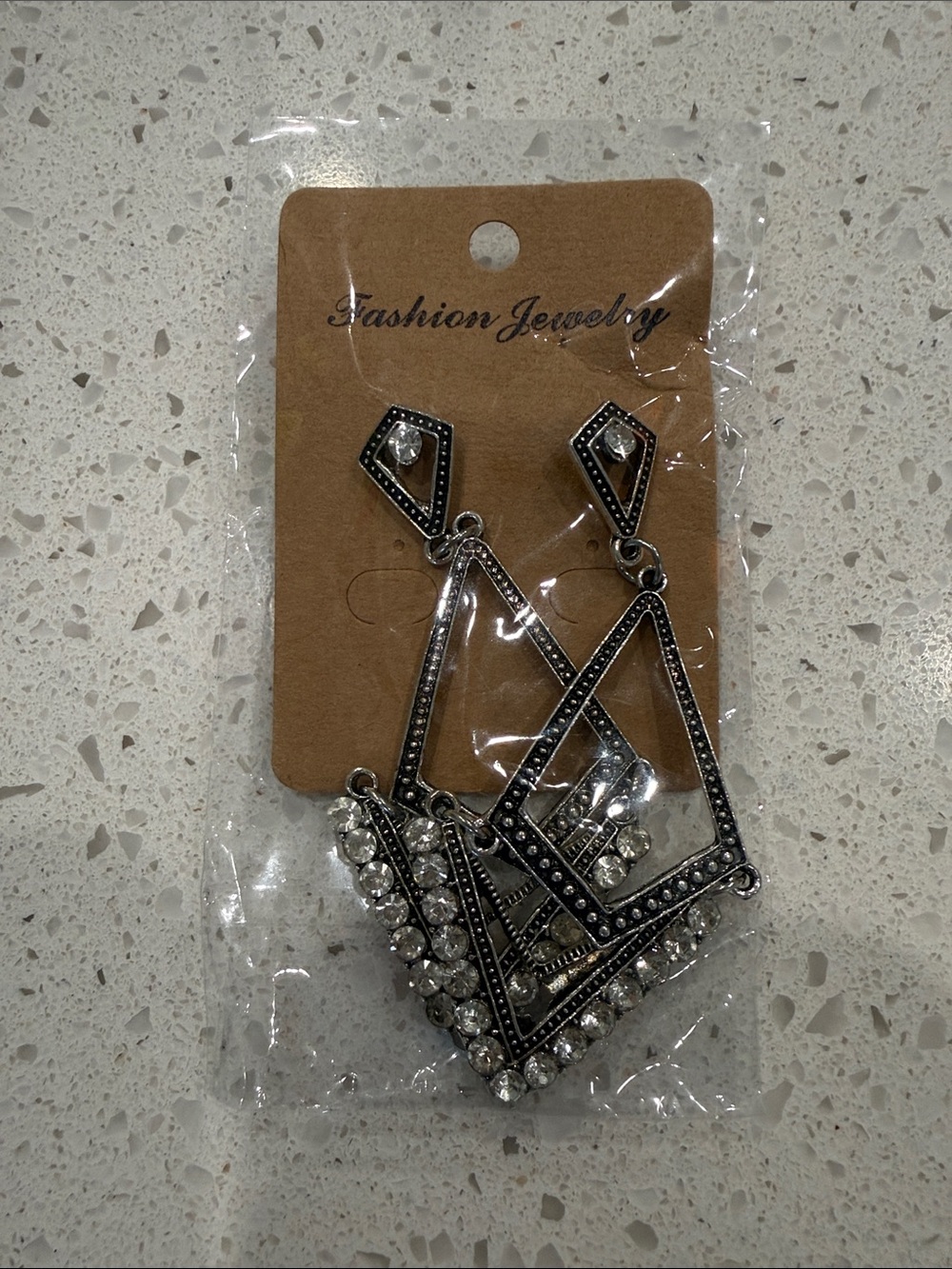 Fashion Jewelry Silver-Tone Geometric Rhinestone Drop Earrings